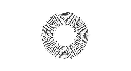 Circular circuit board design with interconnected lines and small dots, isolated.