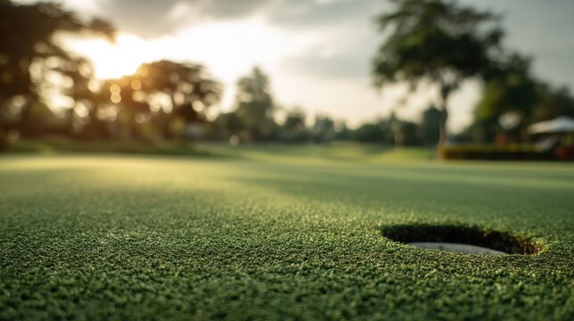 Close-Up of a Golf Hole with Sunlit Green Grass on a Beautiful Course in the Background During Golden Hour