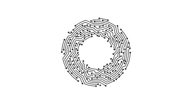 Circular circuit board design with interconnected lines and small dots, isolated.