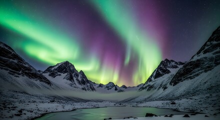 Aurora borealis northern lights over snowy mountain landscape