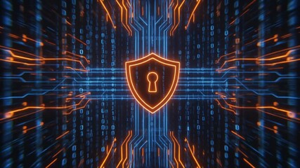 Cyber security shield with digital binary code for online data protection motion - Powered by Adobe