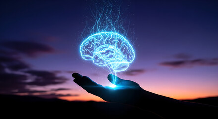 Digital Brain Hand Intelligence Technology Blue Glowing Sunset Copy Space