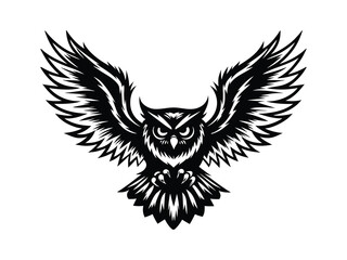 Intense owl with wings spread in flight illustration