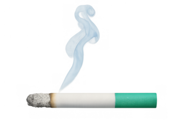 Smoking cigarette with a green filter and a column of smoke, symbolizing tobacco habits, nicotine, and poor health