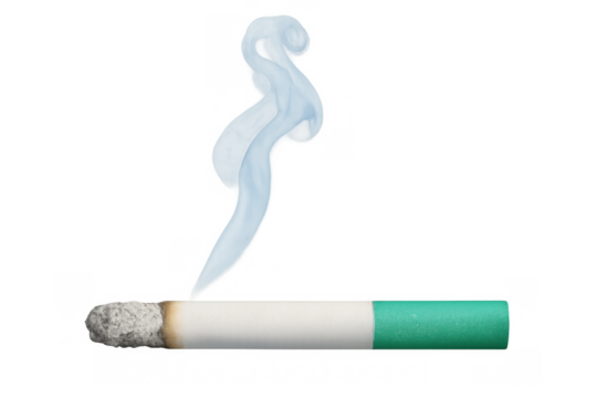 Smoking cigarette with a green filter and a column of smoke, symbolizing tobacco habits, nicotine, and poor health