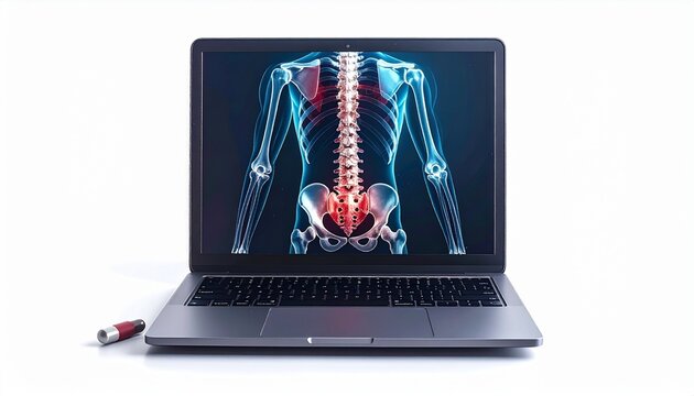 A laptop displaying a digital medical illustration of the human spine and pelvis, with red-highlighted vertebrae and blue skeletal context, suggesting diagnostic or educational use in healthcare techn