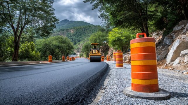 Road construction site with machinery working on asphalt paving, orange safety cones lined up along the roadside against a mountain backdrop