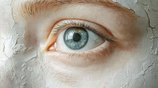 An extreme close-up presents a detailed view of an eye, its surface marked with cracked, dry skin suggesting a medical condition. Macro details accentuate the texture and dryness of the skin.