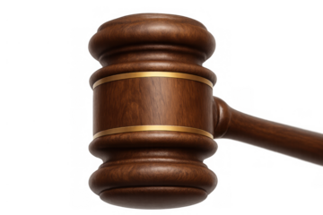 Wooden gavel symbolizing justice and law, representing court decisions, legal authority, and auction bids on transparent background