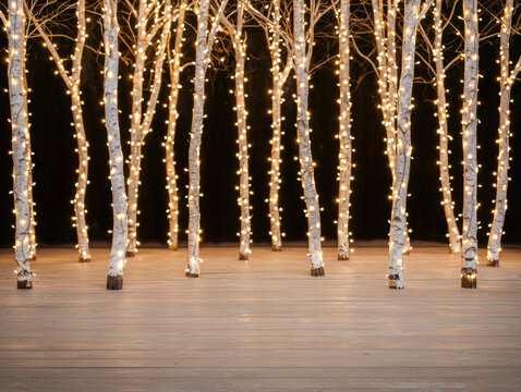 Christmas birch tree forest glowing with warm white fairy lights festive winter holiday decoration magical atmosphere