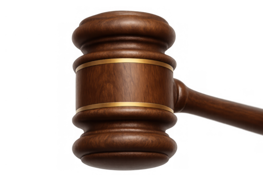 Wooden gavel symbolizing justice and law, representing court decisions, legal authority, and auction bids on transparent background