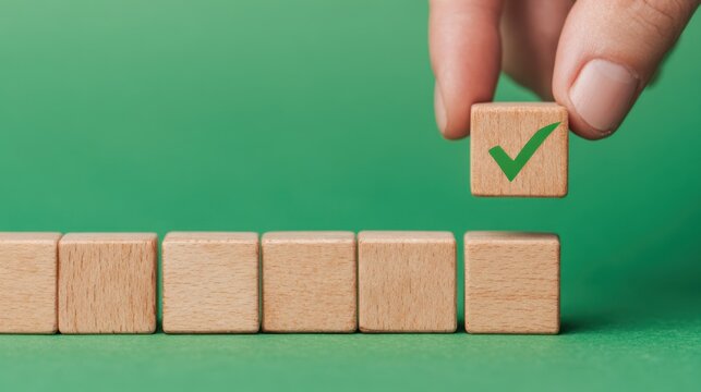 Placing a wooden checkmark block in digital progress bar office productivity concept in perspective