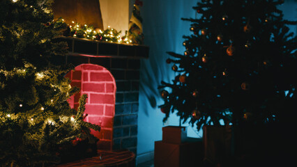 Christmas Trees At Night In The Dark In A Room Waiting For The Event