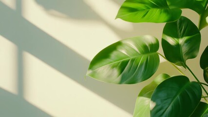 Bright sunlight filters through window blinds, casting dynamic shadows over lush green leaves against a cream wall, creating a serene indoor setting