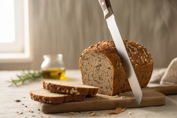 Homemade whole grain bread loaf being sliced on a wooden board with a sharp knife.