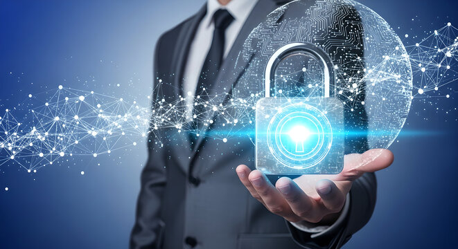 Cybersecurity Data Protection Global Network Digital Security Male Hand Copy Space