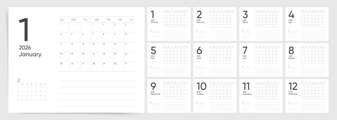 Vector 2026 Calendar, Big number 2026 calendar layout. Clean minimal wall diary planner with notes, mini preview and Sunday start.