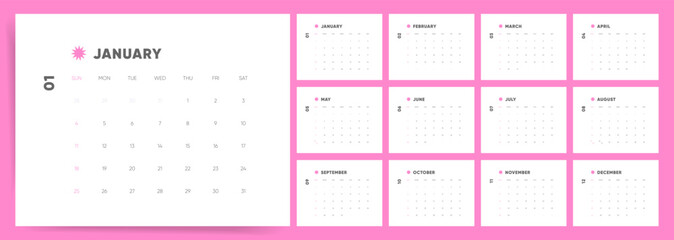 2026 Calendar Planner, Cute pink 2026 calendar layout. Minimal pastel monthly diary planner with Sunday start.
