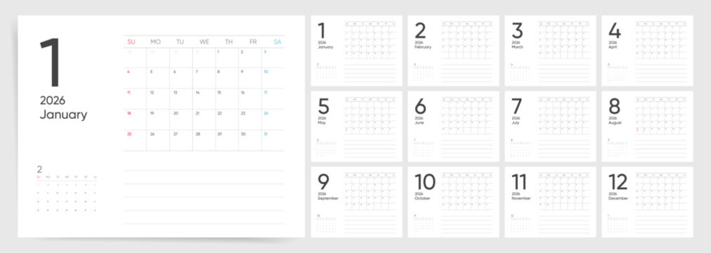 Vector 2026 Calendar, Big number 2026 calendar layout. Clean minimal wall diary planner with notes, mini preview and Sunday start. - Powered by Adobe