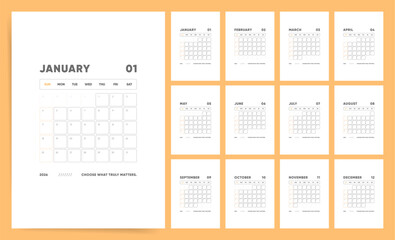 Office Calendar 2026. 2026 Calendar Template Minimal Orange Wall Planner with Sunday Start.
