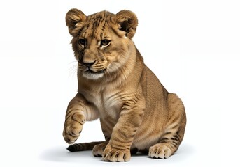 Obraz premium Adorable lion cub sitting attentively, a captivating wildlife portrait perfect for children's books and conservation campaigns in a clean studio shot