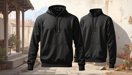 A black zip-up track jacket shown from front, side, and back angles, featuring high collar, ribbed cuffs and waistband, smooth synthetic fabric, minimal design ideal for athletic or casual wear.