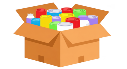 Box of canned food isolated on transparent background for donation