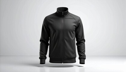A black zip-up track jacket shown from front, side, and back angles, featuring high collar, ribbed cuffs and waistband, smooth synthetic fabric, minimal design ideal for athletic or casual wear.