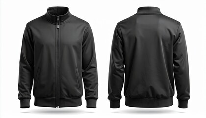 A black zip-up track jacket shown from front, side, and back angles, featuring high collar, ribbed cuffs and waistband, smooth synthetic fabric, minimal design ideal for athletic or casual wear.