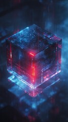 Abstract transparent cube with red and blue illumination on dark background
