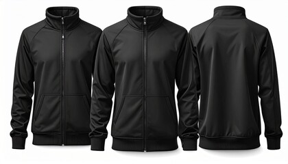 A black zip-up track jacket shown from front, side, and back angles, featuring high collar, ribbed cuffs and waistband, smooth synthetic fabric, minimal design ideal for athletic or casual wear.