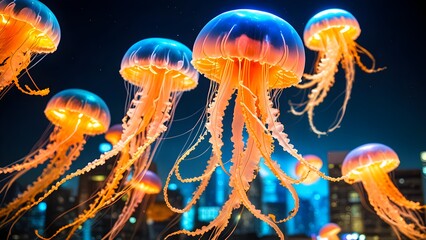 Bioluminescent jellyfish floating in urban waters with glowing cityscape background