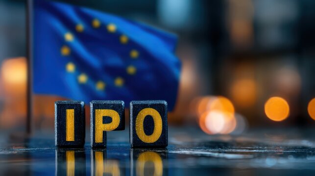 Initial Public Offering IPO Concept with European Union Flag, Stock Market Investment Symbolism, Business Growth, Financial Opportunities and Economy Themes