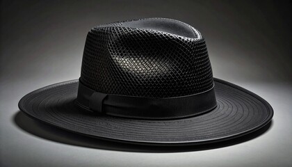A black fedora hat with wide brim and textured crown, placed on a neutral surface, highlighted by soft lighting to emphasize contours, ribbon detail, and classic fashion accessory appeal.
