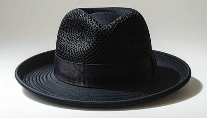 A black fedora hat with wide brim and textured crown, placed on a neutral surface, highlighted by soft lighting to emphasize contours, ribbon detail, and classic fashion accessory appeal.