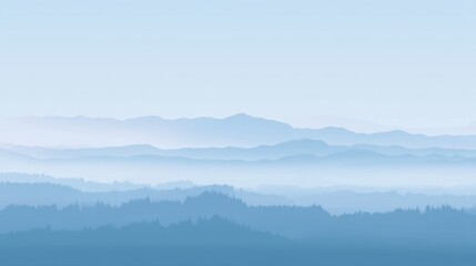 Fototapeta premium Serene Mountain Range with Soft Blue Hues and Layered Fog in a Tranquil Natural Landscape Surrounding Peaceful Atmosphere