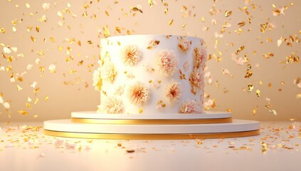 A white cake with flowers on a pedestal, showered with golden confetti on a neutral backdrop