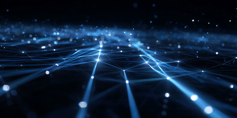 Blue digital network grid with glowing data nodes and connection lines perspective