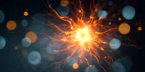 Glowing abstract neuron energy burst with fiery tendrils and bokeh on dark background