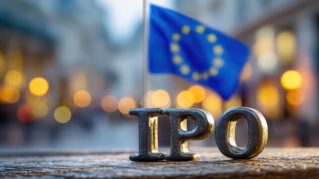 "European Union Flag with IPO Letters in Soft Focus, Symbolizing Stock Market and Financial Growth in Busy Urban Environment"