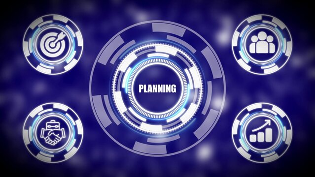 Business Planning Strategy Icons with Central HUD Display and Blurred Background image photo