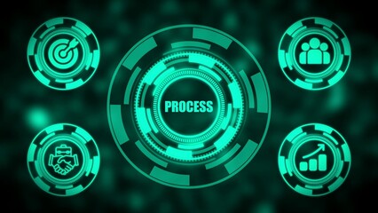 Central PROCES icon with surrounding icons for target, team, growth, and handshake in teal on a blurred dark background