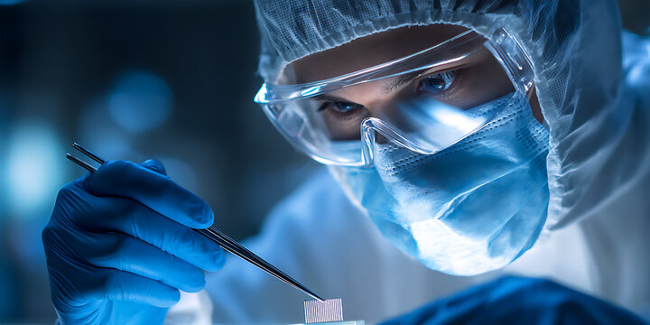 Researcher in protective suit working with microchip sample in high tech cleanroom lab - Powered by Adobe