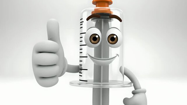 Cartoon Syringe Character Giving Thumbs Up and Waving