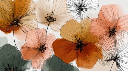 Elegant Floral Pattern with Delicate Lines and Soft Colors in Earthy Tones for Modern Decor and Artistic Creations