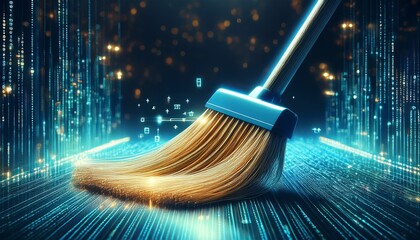 broom sweeps digital data cleaning floor with binary code concept of tech cleanup system maintenance and virus removal in cyberspace bright sparks suggest innovation and data security solutions