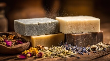Close-up of natural handcrafted soap bars on a wooden surface with botanical accents