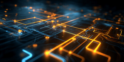 Top view glowing circuit network lines in blue and orange forming digital motherboard