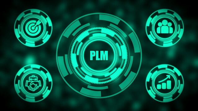 Digital infographic with PLM acronym and business icons in glowing teal circles on dark background - Powered by Adobe