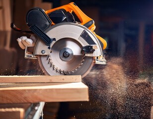 circular saw cutting wooden beams with precision in carpentry woodworking process at lumber factory